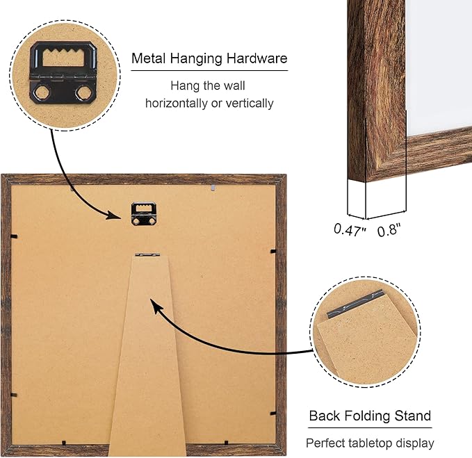 12x12 Picture Frame Set of 4, 12 x 12 Wood Photo Frames with Mat for 10x10 or 30x30cm Diamond Painting Art, Wooden Frame with Real Glass Cover for Wall and Tabletop Display,Rustic Brown-HomvellaHome