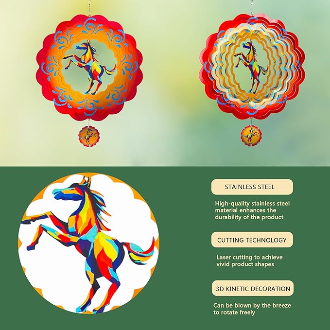 12 inch Horse 3D Stainless Steel Wind Spinners, Hanging Garden Spinner Kinetic Art Garden Decorations, Reflective Wind Sculpture for Indoor/Outdoor Decor-HomvellaHome