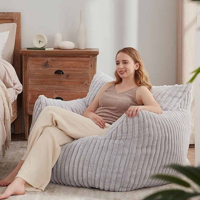 Giant Bean Bag Chairs for Adults Teens, Large Bean Bag Sofa Chairs with Filling Comfy Fuzzy BeanBag Chair with Armrests for Bedroom Living Room Reading (Light Gray, Large)-HomvellaHome