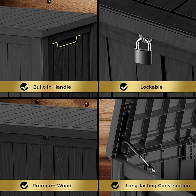 150 Gallon Lockable Resin Deck Box, Waterproof & UV-Resistant Outdoor Storage Box for Outdoor Cushion Storage, Garden Tools & Pool Accessories Storage, Black-HomvellaHome