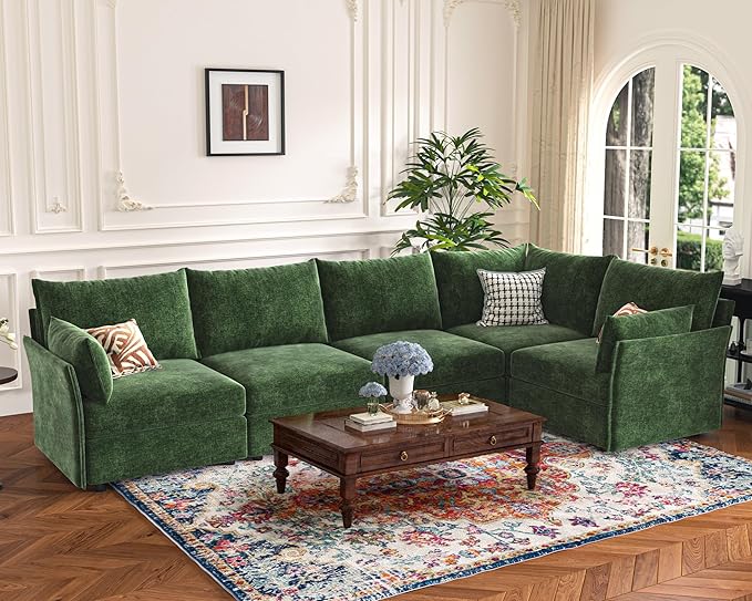 135.5" Oversized Modular Sectional Sofa, L Shaped Convertible Couch with Movable Ottoman, 5 Seat Corner Couches for Living Room Deep Seat Green Chenille-HomvellaHome
