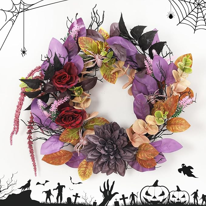 GarveeHome 18 Inch Halloween Wreath, Halloween Garland with Artificial Roses & Spiders, Indoor Outdoor Holiday Accent Decoration for Front Door Porch Wall Home Party Window, Red & Purple-HomvellaHome