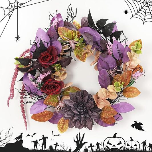 GarveeHome 18 Inch Halloween Wreath, Halloween Garland with Artificial Roses & Spiders, Indoor Outdoor Holiday Accent Decoration for Front Door Porch Wall Home Party Window, Red & Purple-HomvellaHome
