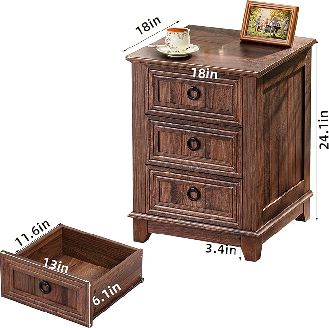 18" Farmhouse Night Stand with 3 Drawers, Wood End Table Dresser for Bedroom, Retro Nightstand, Bed Side Table with Metal Handle, Bedside Cabinet for Bedroom Living Room, Closet-HomvellaHome