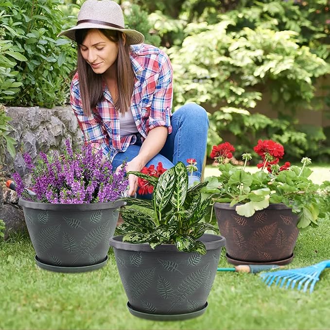 11 inch Plant Pot, 3 Pack Large Pots for Plants, Flower Pots with Drainage Hole & Saucer, Modern Planters for Indoor Outdoor Plants, Decorative Plastic Garden Pots (Copper)-HomvellaHome