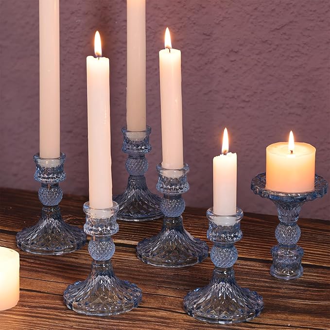 12Pcs 4" H Aqua Blue Candlestick Holders Set- Taper Candle Holders Bulk, Glass Candle Holders for Wedding, Party, Romantic Dinner Table Centerpieces, Festival Gifts & Windowsill Decor-HomvellaHome