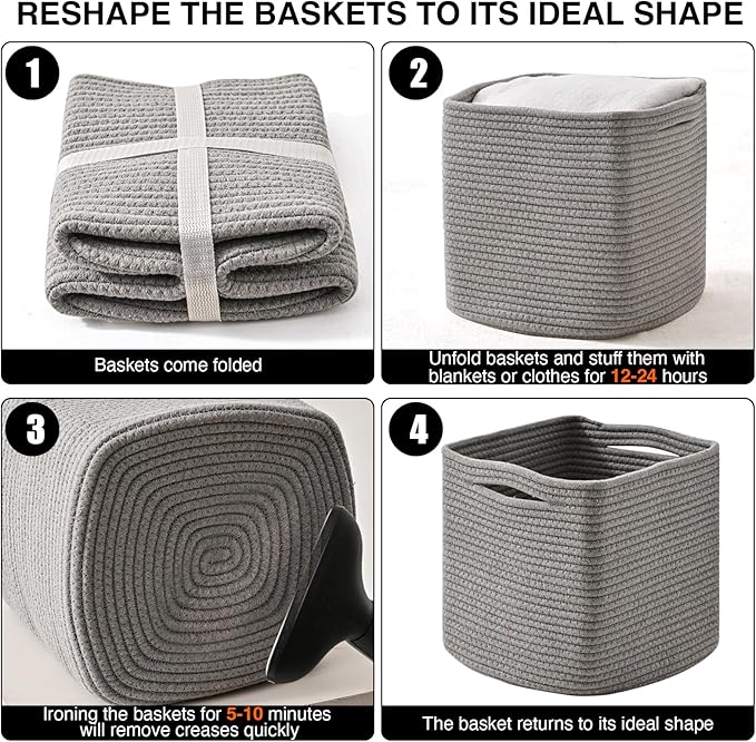 11 Inch Cube Storage Bins, Storage Cube Organizer Bins, Woven Cotton Rope Basket for Storage, Storage Baskets for Organizing Shelves, Grey Baskets for Toys Nursery, Grey (Pack of 3)-HomvellaHome