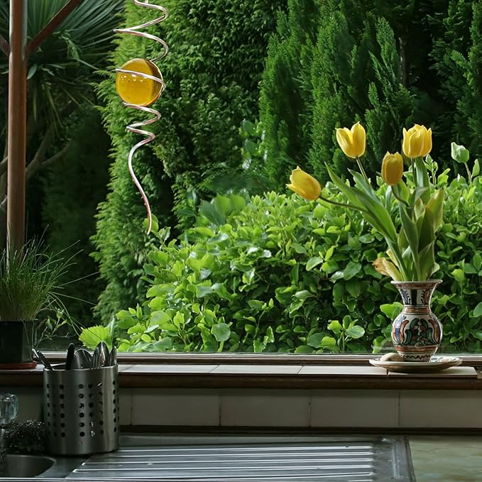 Gazing Ball Spiral Decorative Tail Wind Spinner Sun Catcher 11inch Tail and 2 inch Glass Orb. Wind Spinner Stabilizer Indoor Outdoor Garden Decoration -13 inch Height(Gold)-HomvellaHome