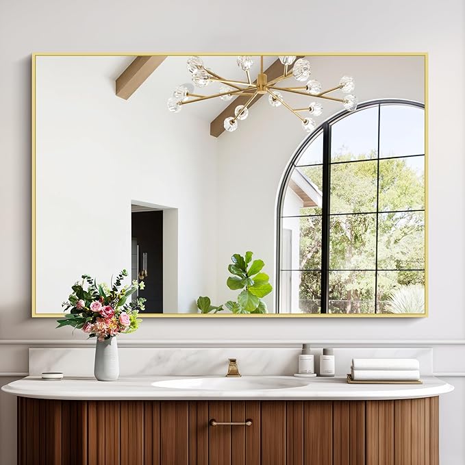 Gold Bathroom Mirror for Wall, 30x48 Inch Rectangle Mirrors with Metal Frame, Modern Vanity Wall Mirror Decor for Bathroom Living Room, Entryway Hangs Horizontal or Vertical-HomvellaHome