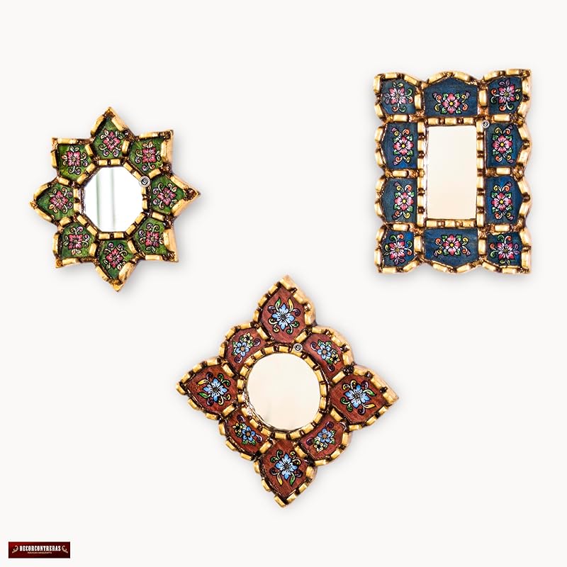 Small Decorative Wall Mirror set of 3 - Accent mirrors of 6in for wall decor, Peruvian Mirrors Vanity with bronze leaf-HomvellaHome