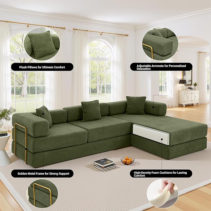 108" Oversized Convertible Sleeper Sofa Bed, Corduroy L Shape Sectional Couch, Folding Sofa Bed with Side Pocket, Modern Cloud Floor Mattress Couch, Modular Sofa for Living Room, Green-HomvellaHome
