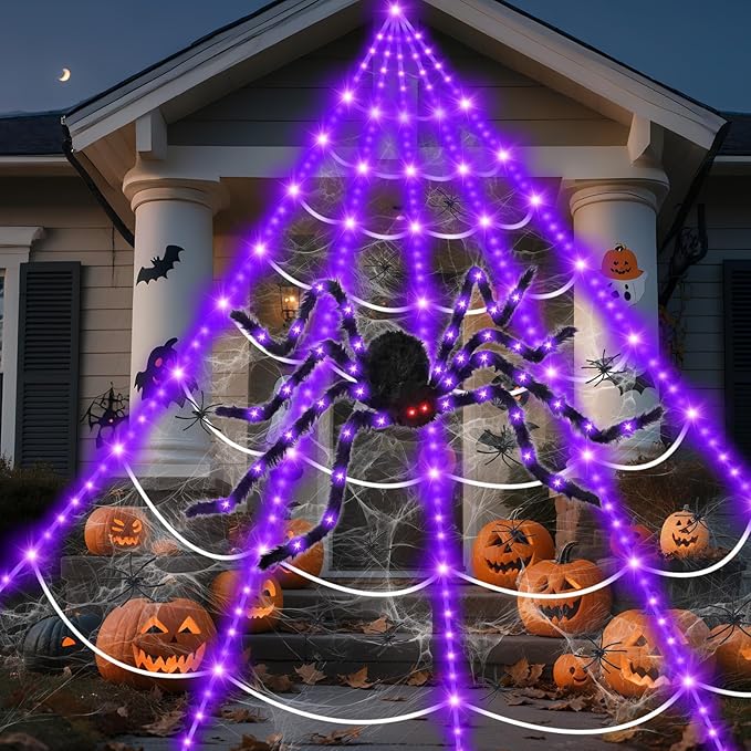 16.4 X 15.8Ft Giant Spider Web Halloween Decorations with 250 LED Lights, Halloween Spider Web Outdoor with 5Ft Large Spider, 3.53 Oz Stretch Web and 20 Small Spiders for Yard House Party Decoration-HomvellaHome