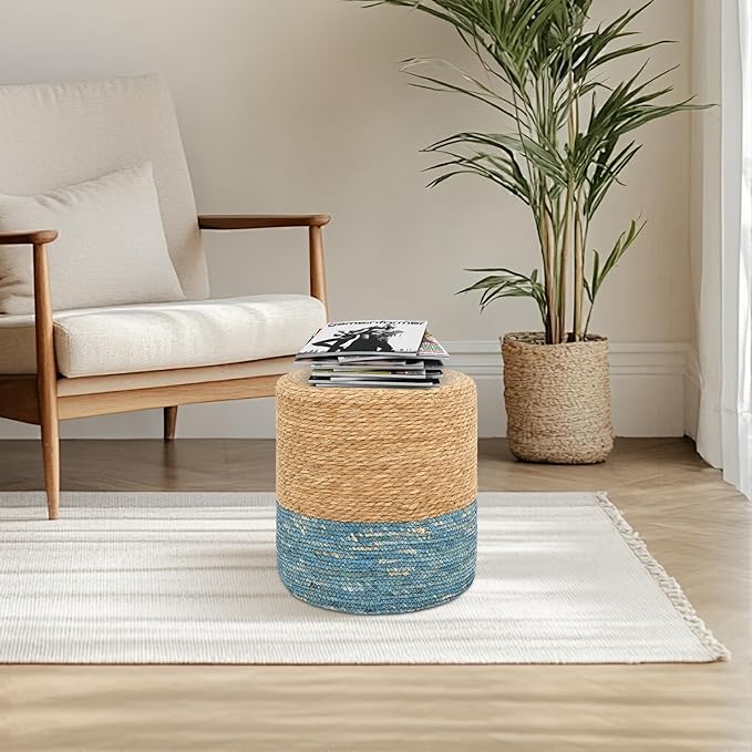 16'' Round Ottoman Natural Seagrass Braided Poof Hand Weaving Round Ottomans Boho Footrest Stool for Home Living Room Bedroom Patio(Natural&Blue)-HomvellaHome