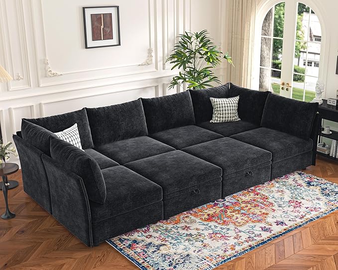 136.4" Oversized Modular Sectional Sleeper Sofa Bed, U Shaped Convertible Couch with Movable Ottoman, Large 8 Seat Corner Couches for Living Room Deep Seat Black Chenille-HomvellaHome