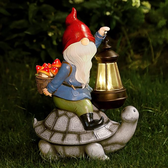 Gnome and Turtle Garden Decor, Large Outdoor Garden Sculptures & Statues, Outside Patio Yard Lawn Decorations, Housewarming for Women, Mom, Grandma with Solar Lantern-HomvellaHome