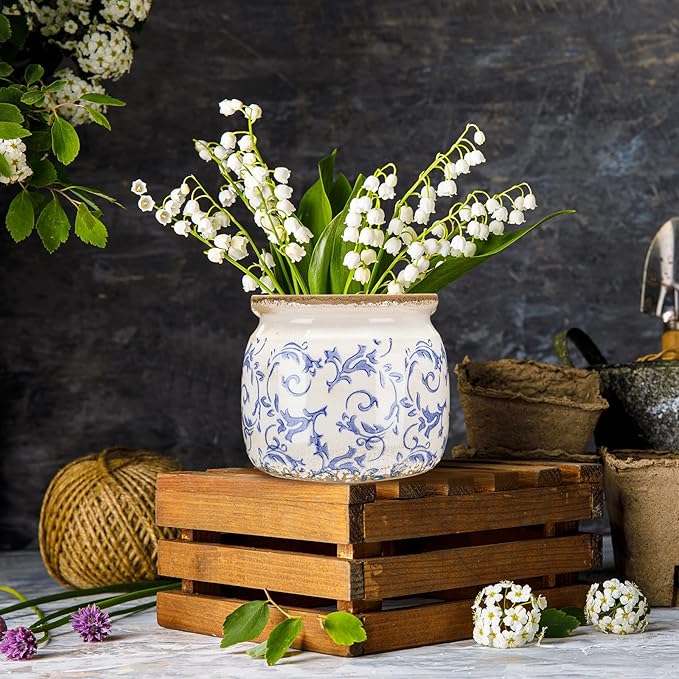 1 Pcs Vintage Planter Large Ceramic Plants Pot Blue Chinoiserie Crack Cottage Scroll Vase Flower Vase Pot Indoor Plants Home Kitchen Decor Farmhouse Antique Decorative Gift-HomvellaHome