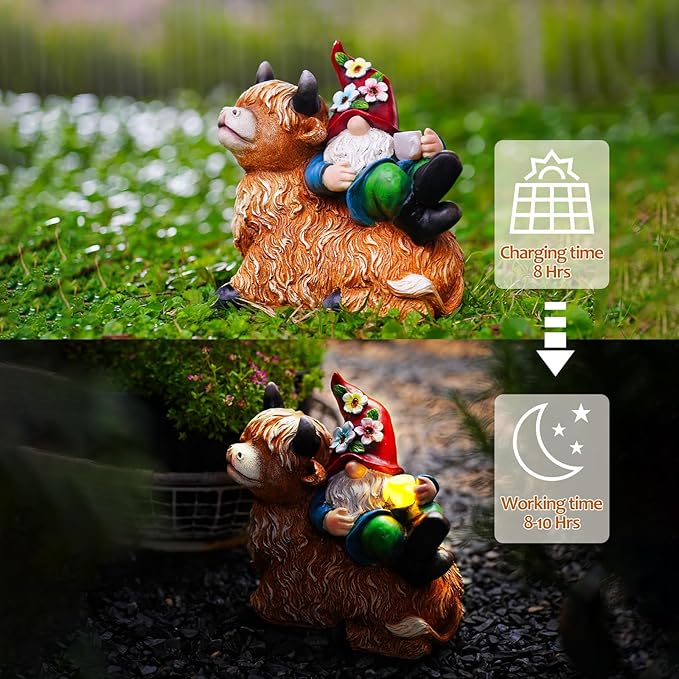 Garden Gnomes Decor Outdoor Statues Gnome on Highland Cow Hold Solar Cup Light Outdoor Decorations for Patio,Yard and Gift for Mom-HomvellaHome