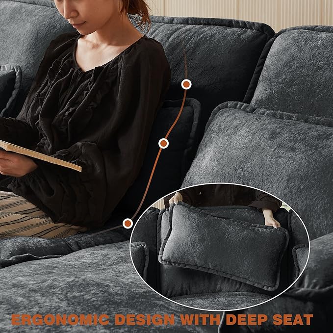 113" Oversized Cloud Couch, U Shape Sectional 4 Seat Sofa with Double Chaises, 2 Layer Cusions, Deep Seat Comfy Sofa, Upholstery Chenille Fabric for Living Room, Dark Grey-HomvellaHome