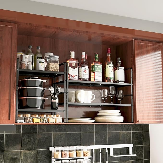 16.5~27.1" Expandable Shelf Organizer, 1Pack 8.1" Wide Stackable Cabinet Shelf Organizers, Black Metal Sturdy Kitchen Counter Storage for Countertop, Adjustable Height Spice Rack-HomvellaHome