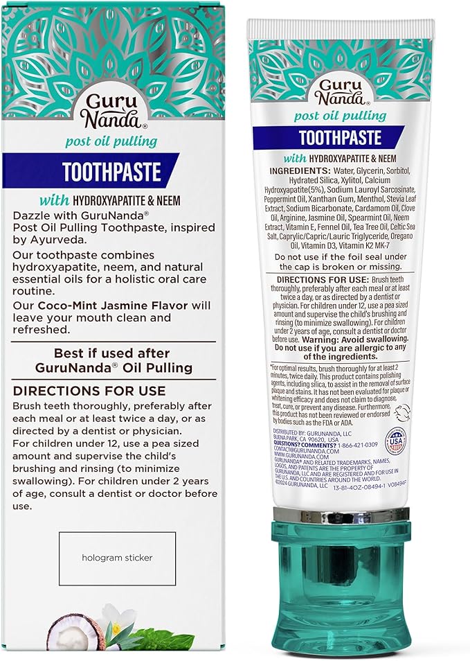 GuruNanda Hydroxyapatite Toothpaste, SLS & Fluoride Free, Whitening Toothpaste - Freshens Breath, Fights Plaque - Natural CocoMint Jasmine Neem, 4.2oz-HomvellaHome