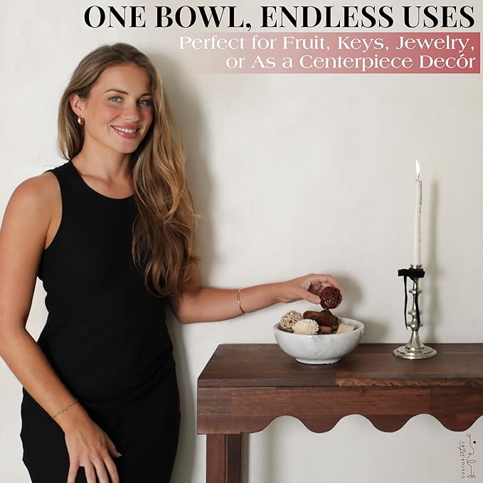 Gusto Nostro 8" Luxury White Marble Decorative Bowl for Coffee Table - Elegant Modern Fruit Bowl for Kitchen Counter - Heavy Stone Entryway Catch all for Keys, Jewelry, Potpourri Holder - Medium Size-HomvellaHome