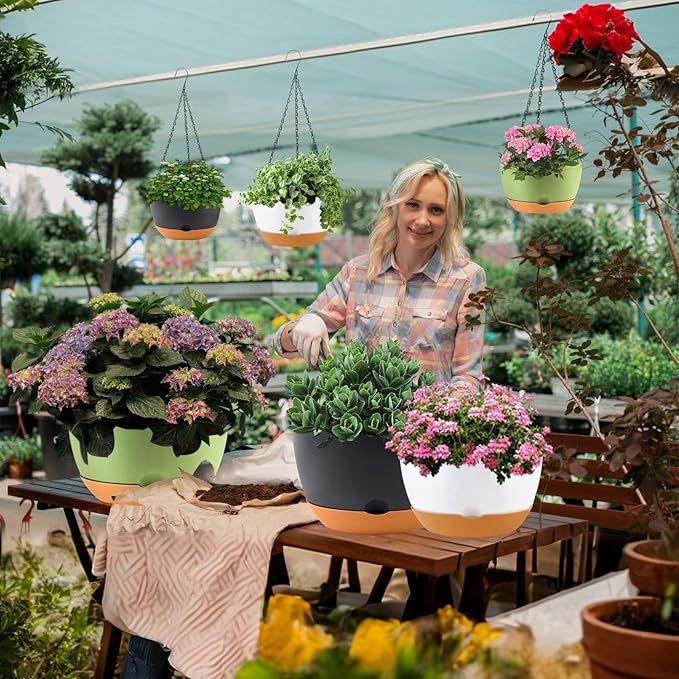 10 inch Plant Pot Hanging Planters Self Watering Pots for Indoor Plants, 3 Pack Plastic Hanging Basket with Removable Tray for Home Garden Porch Balcony Patio Decor(Black)-HomvellaHome
