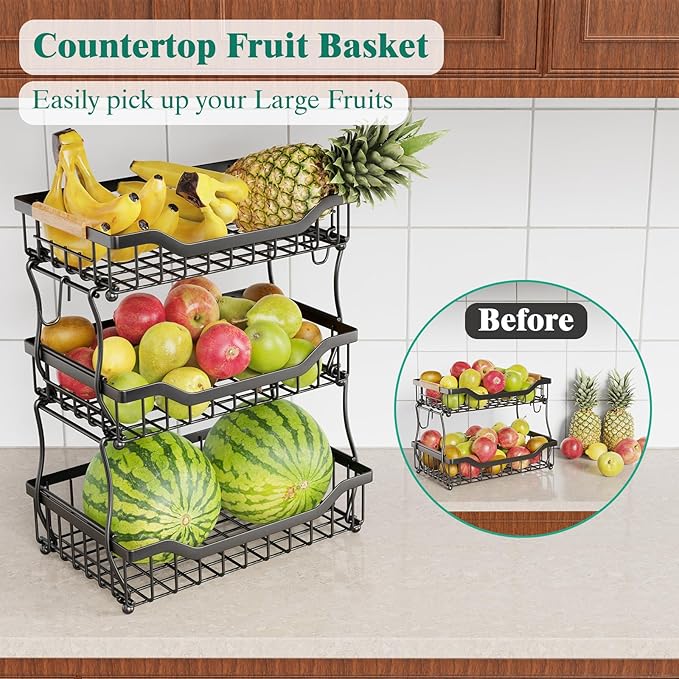 Giwil 3 Tier Countertop Fruit Basket for Kitchen, Vegetable Storage Bread Fruit Bowl Stand with 2 Banana Hooks, Wall Mounted Metal Wire Basket Organizer for Potato Onion, Black-HomvellaHome