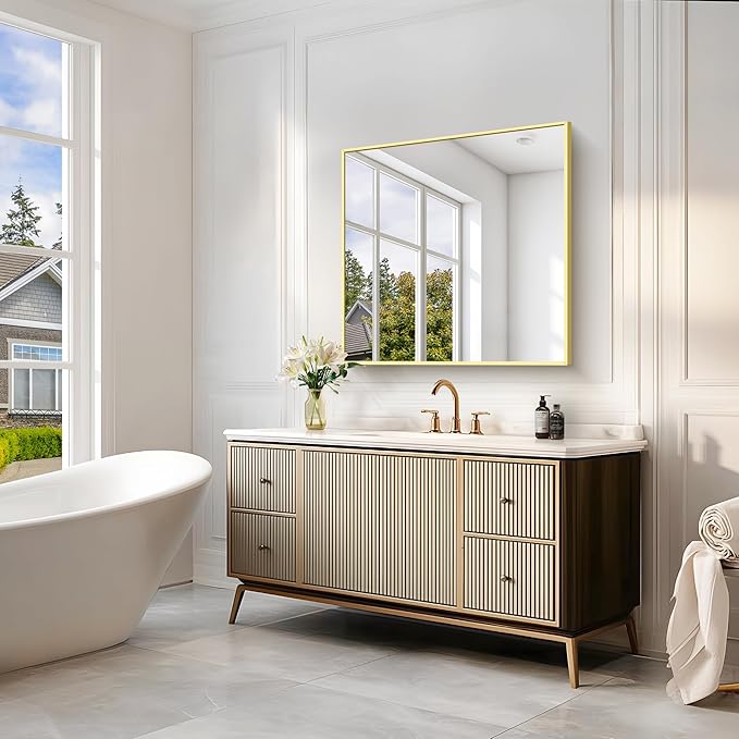 Gold Bathroom Mirror for Wall, 30x30 Inch Rectangle Mirrors with Metal Frame, Modern Vanity Wall Mirror Decor for Bathroom Living Room, Entryway Hangs Horizontal or Vertical-HomvellaHome