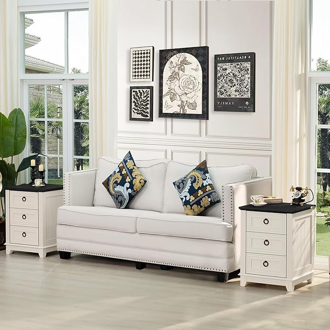 18" Farmhouse Night Stand with 3 Drawers, Wood End Table Dresser for Bedroom, White Nightstand, Bed Side Table with Metal Handle, Bedside Cabinet for Bedroom Living Room, Closet-HomvellaHome