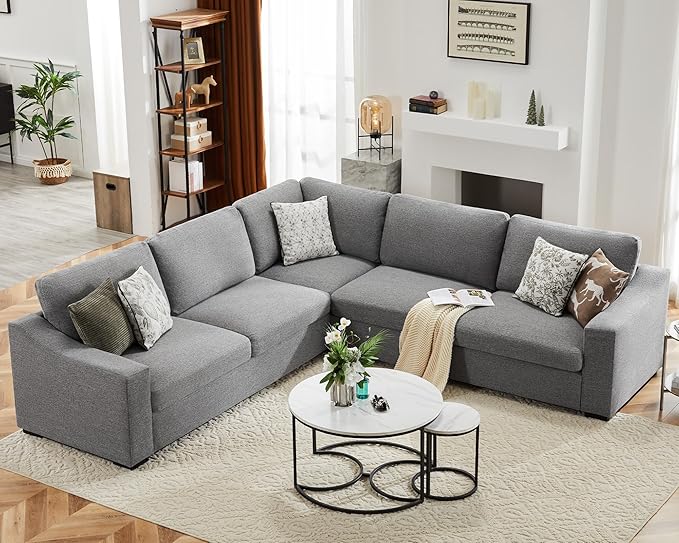 112" L Shaped Sectional Sofa with Detachable Sofa Cover, Reversible Sectional Modular Couch for Living Room, Linen Fabric Corner Couch with 7 Seats, Grey-HomvellaHome
