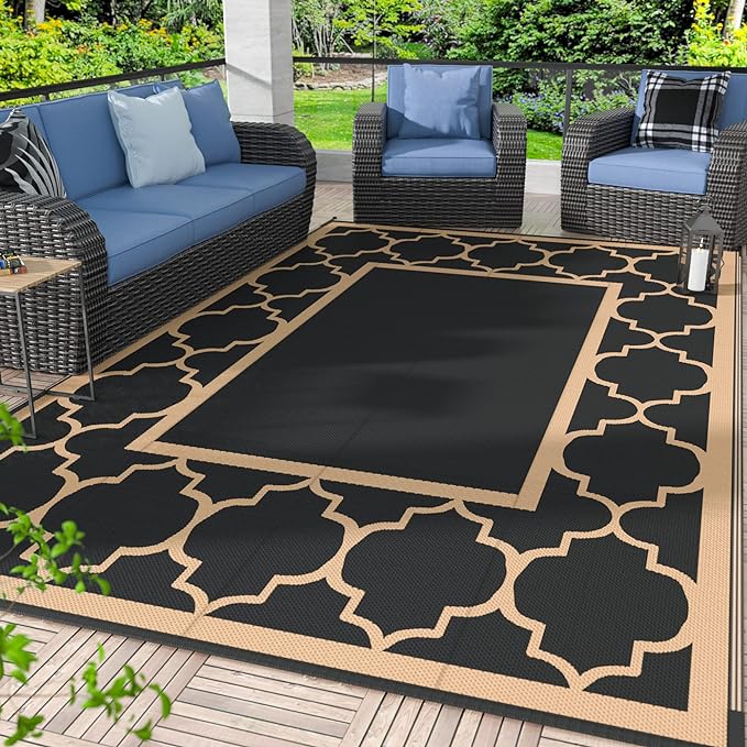 GENIMO Outdoor Rug 8' x 10' Patio Waterproof, Foldable Reversible Plastic Straw Area Rugs Mat for Camper Decor, Outside Carpet for Rv, Deck, Porch, Picnic, Beach, Balcony, Black & Brown-HomvellaHome