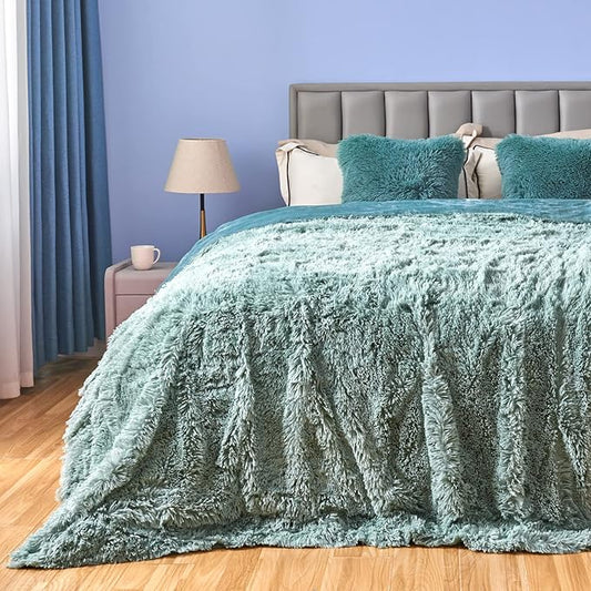 GONAAP Fuzzy Faux Fur Throw Blanket Queen Size Ice Blue Super Soft Cozy Plush Fuzzy Shaggy Blanket for Couch Sofa Bed (Ice Blue, Queen(90"x90"))-HomvellaHome