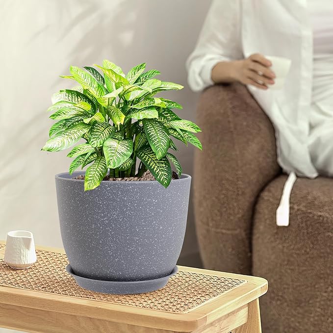 12/10/9 inch Large Plant Pots, 3 Pack Modern Decorative Plastic Planters with Drainage Holes and Saucer for House Garden Plants, Flower Pots for Indoor Outdoor Plants, Speckled Grey-HomvellaHome