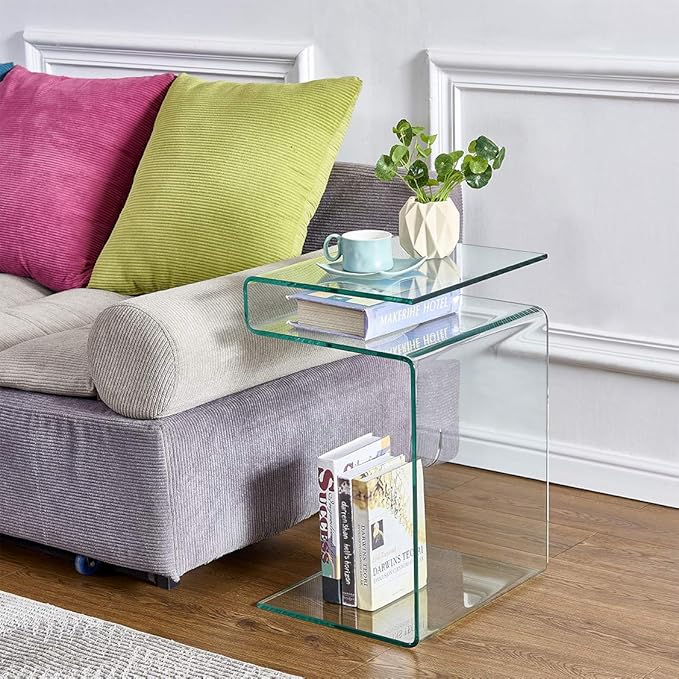 Glass Nightstand,Side Table,S-Shaped End Table for Living Room,Bedside Table for Bedroom (Clear)-HomvellaHome