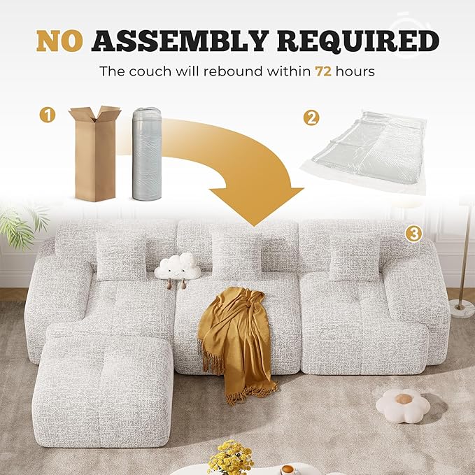 122" Modern L Shaped Modular Sectional Sofa, Boneless Couches for Living Room with Ottoman,4 Seater Convertible Chenille Cloud Couch Sofa Set, No Assembly Required, Beige 1 PCS-HomvellaHome