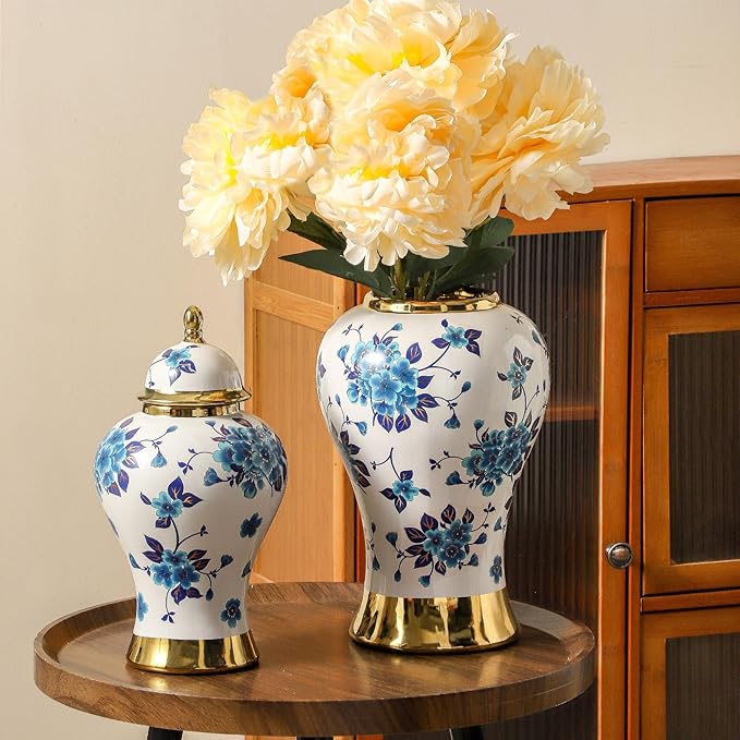 Ginger Jars for Home Decor, White and Gold Vase, Porcelain Ginger Jar Chinoiserie Blue and White Vase with Gold Trim and Floral Pattern, Ceramic Flower Vase for Home, Temple and Storage Jars(12in)-HomvellaHome