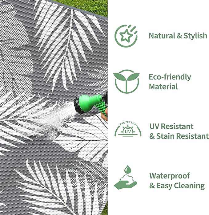 GENIMO Outdoor Rug 6' x 9' Waterproof for Patios Clearance, Reversible Plastic Straw Camping Carpet, Large Area Rugs Mats RV, Picnic, Backyard, Deck, Balcony, Porch, Beach, Grey&White-HomvellaHome