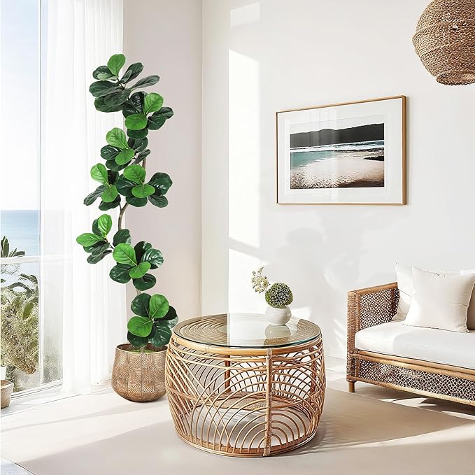 GarveeHome Fiddle Leaf Fig Artificial Tree with White Planter,7ft Faux Plants Indoor with Moss, Fake Rubber Tall Fake Floor Plant in Pot - Artificial Trees for Home Office Living Room Decor-HomvellaHome