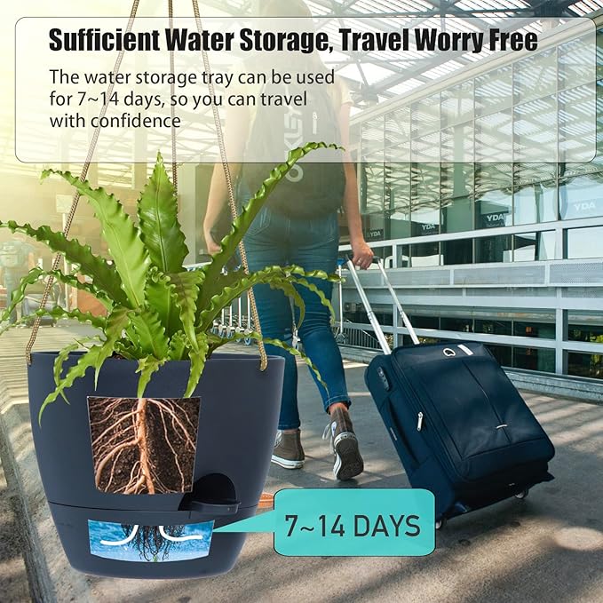 10 Inch Self Watering Hanging Pots, 2 Pack Hanging Planters with 40oZ Deep Reservior for Indoor Outdoor Plants Flowers, Black-HomvellaHome