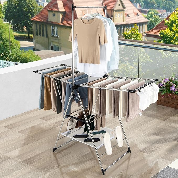 Giantex Clothes Drying Rack, Foldable Laundry Drying Rack with with 6-Level Adjustable Height, High Hanger Design, Side Clips, Space Saving Collapsible Laundry Drying Rack-HomvellaHome