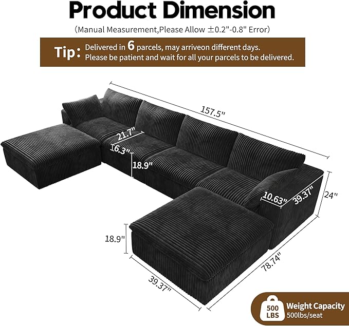 157.5" U Shaped Modern Sofa Modular Sectional Cloud Couch with 2 Ottoman,Deep Seat Upholstered Couches with Corduroy Fabric for Living Room Furniture,Bedroom and Apartment,No Assembly Required,Black-HomvellaHome