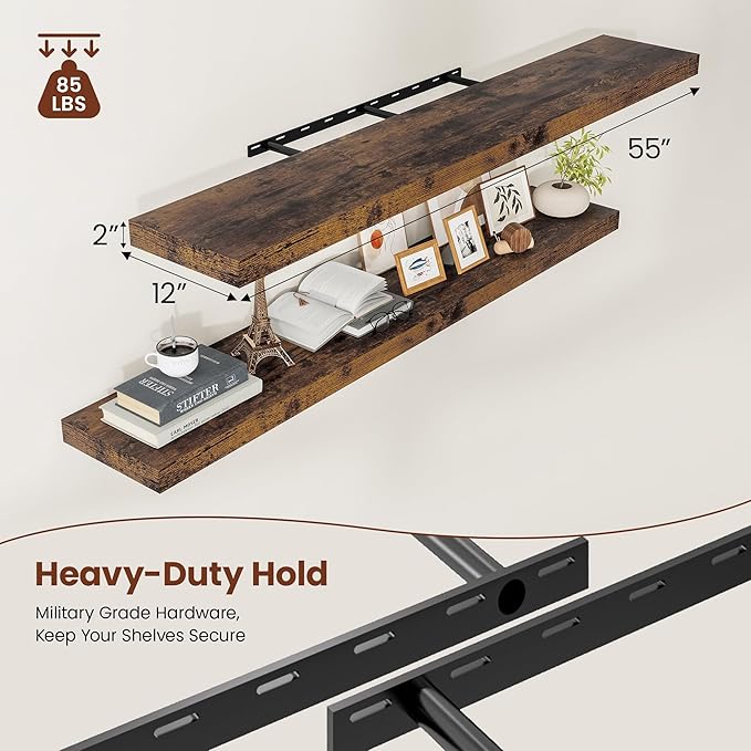 12" Deep Floating Shelves for Wall 55 Inches Long, Heavy Duty Wall Shelves for Bedroom Bathroom Kitchen Laundry Room, Farmhouse Rustic Shelves for Home Decor, 55" X 12" X 2" Set Of 2, Rustic Brown-HomvellaHome