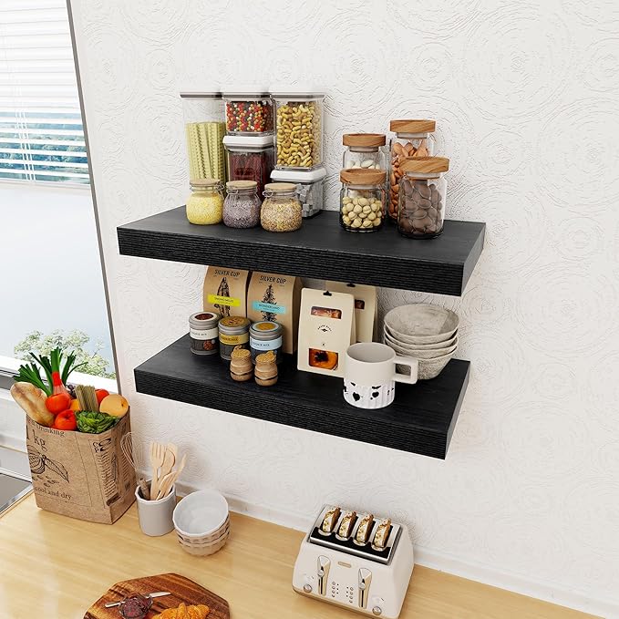 12 Inch Deep Black Floating Shelves, 24 x 12 Floating Shelf for Books, Rustic Wood Deep Wall Shelves for Home Storage & Display, 2" Thicked Shelves for Kitchen, Living Room, Bedroom, 1 Pack-HomvellaHome