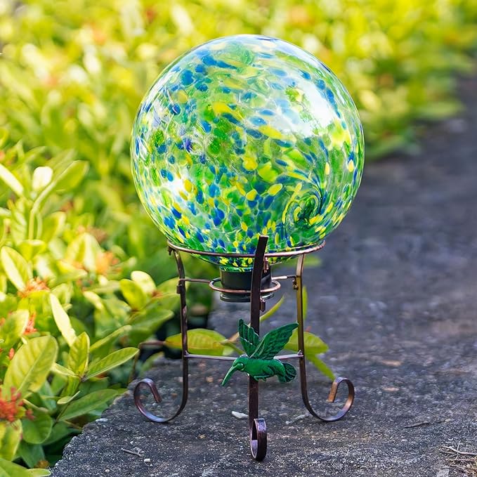 10 Inch Glass Gazing Ball, with 9.4" Tall Metal Gazing Globe Stand, Glass Balls Display Holder Set for Outdoor Garden Lawn Yard Decoration, Bright Summer Burst-HomvellaHome