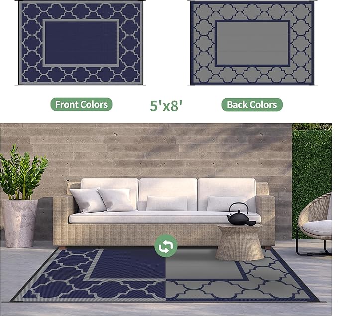 GENIMO Outdoor Rug 5' x 8' Patio Waterproof, Foldable Reversible Plastic Straw Area Rugs Mat for Camper Decor, Outside Carpet for Rv, Deck, Porch, Picnic, Beach, Balcony, Blue & Grey-HomvellaHome