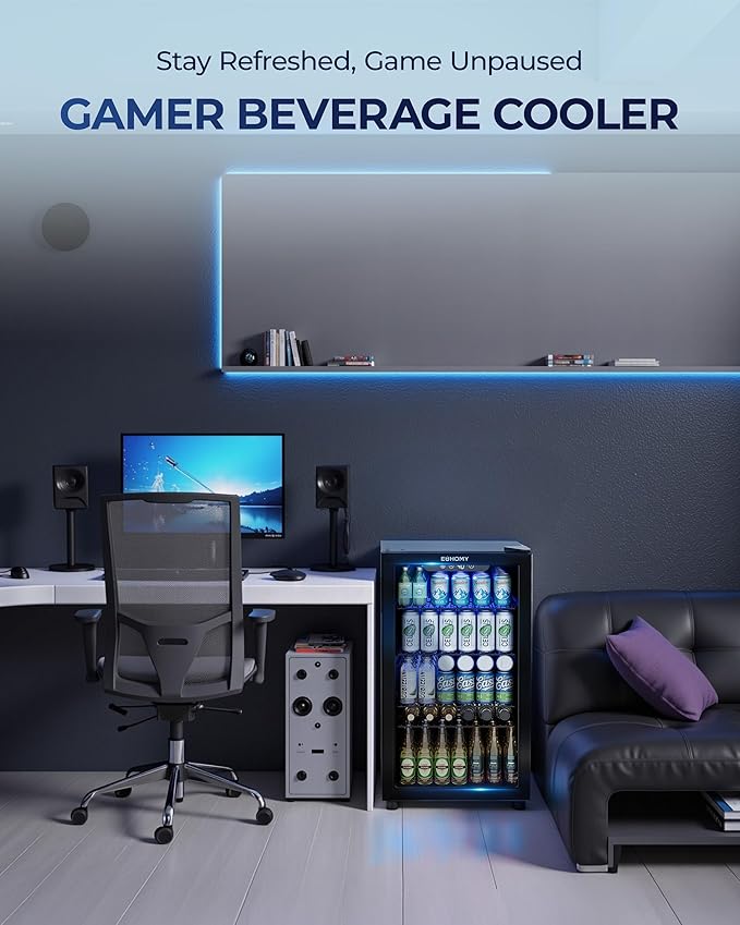 EUHOMY Beverage Refrigerator and Cooler, 128 Can Mini fridge with Glass Door, Small Refrigerator with Adjustable Shelves for Soda Beer or Wine, Home/Bar/Office, Black-HomvellaHome