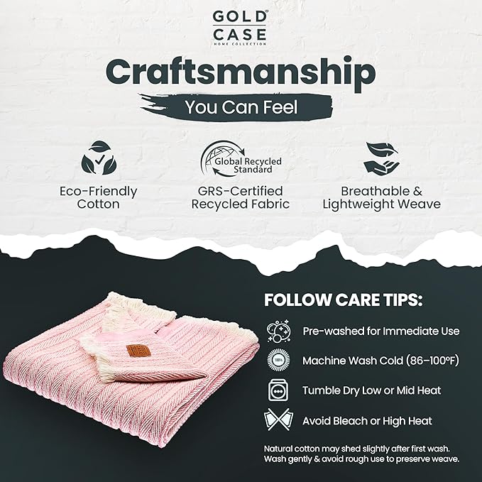 Gold Case Throw Blanket for Couch – 100% Recycled Turkish Cotton Blankets & Throws – Elegant Decorative Throw Blankets for Living Room Sofa – Woven Throws for Couch – Vintage Pink – 60x80-HomvellaHome