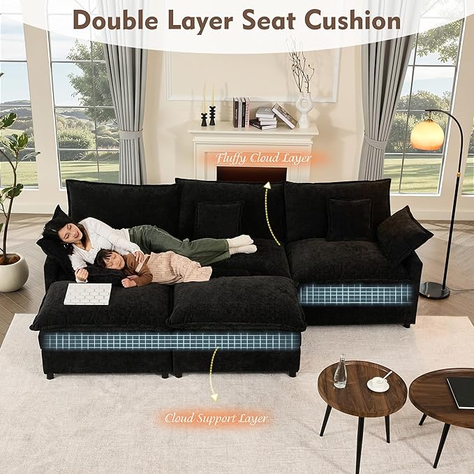 108" U Shaped Couch, Modular Sectional Sofa, 3-Seater Comfy Cloud Couch with Movable Ottoman, Deep Seat Couches for Living Room, Chenille, Black-HomvellaHome