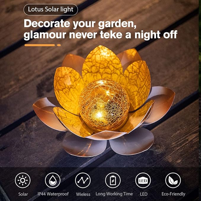 Garden Solar Lights Outdoor(2Pack) , Amber Crackle Globe Glass Lotus Decoration , Waterproof Orange Metal LED Flower Lights for Patio,Lawn,Walkway,Tabletop,Ground, Garden Gifts for Women-HomvellaHome