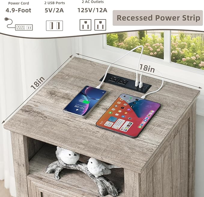 18" Farmhouse Night Stand with Charging Station, 2 Drawers End Table Dresser for Bedroom, Oak Wooden Nightstand, Bed Side Table with Open Shelf, Bedside Cabinet for Living Room, Closet-HomvellaHome